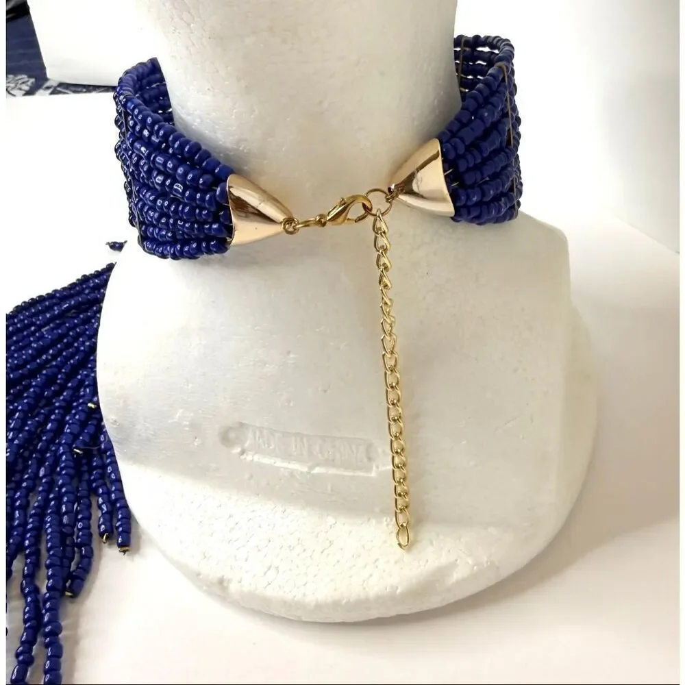 Belly Dance Blue Beaded Fringe Necklace Tribal Fusion Costume Jewelry Boho